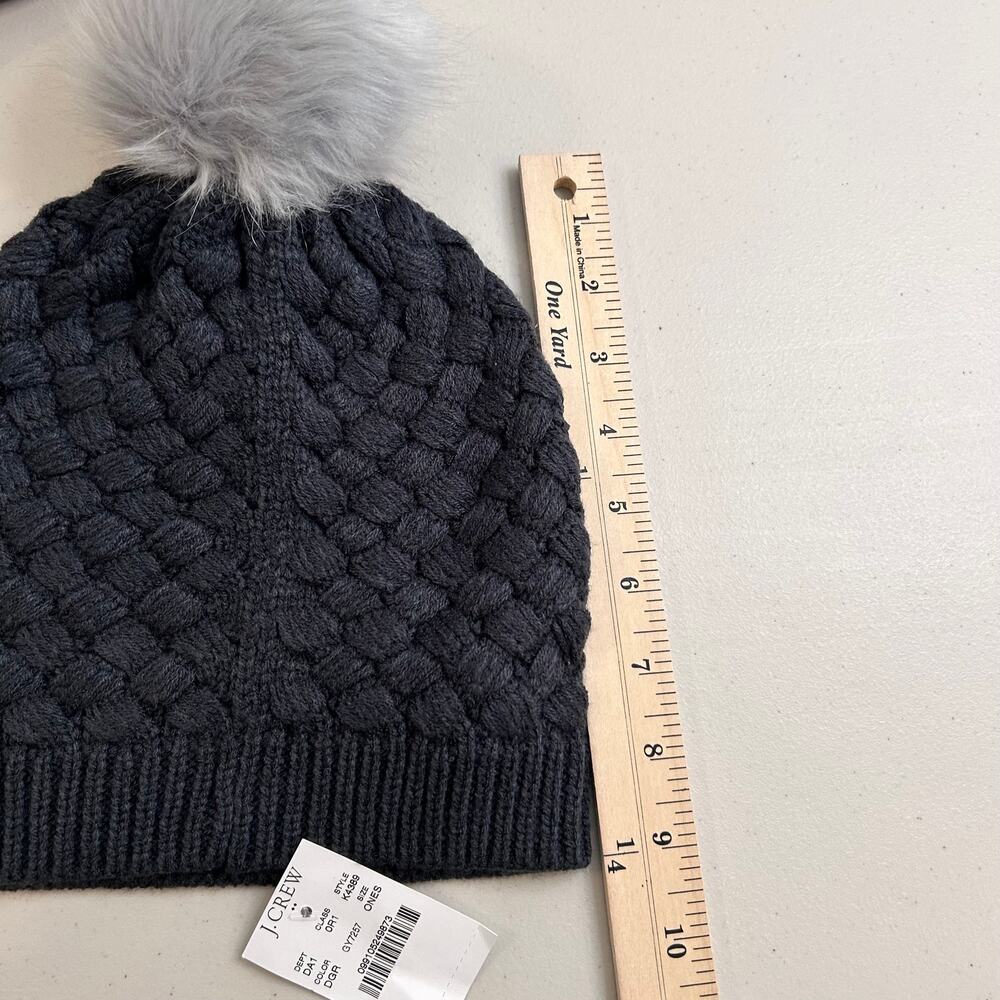 J. Crew Wool Cashmere Peacoat Gray PLUS Beanie Faux Fur Pom Basket Weave Cap - Picture 16 of 16